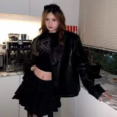 批发2025春秋新款甜酷妹机车夹克短款上衣美式复古长袖翻领皮衣外套女