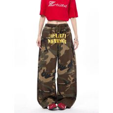 批发美式复古水洗迷彩<b class='q'>印花</b>工装裤男女春秋直筒阔腿抽绳休闲长裤子情侣
