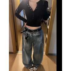 批发美式设计感花卉字母刺绣<b class='q'>牛仔裤</b>子女复古宽松bf慵懒风阔腿拖地长裤