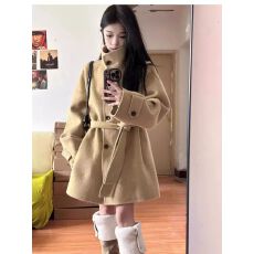 批发卡其色呢子大衣<b class='q'>女</b>秋冬2025新款毛呢外套高级感小个子短款韩系气质