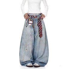 批发NERUM蓝色<b class='q'>牛仔裤</b>女潮牌做旧褶皱宽松直筒cleanfit阔腿拖地裤子