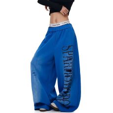 批发美式设计感字母<b class='q'>印花</b>破洞渐变阔腿裤男女宽松休闲直筒拖地长裤