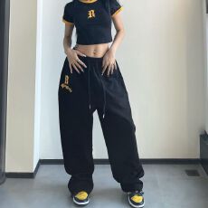批发欧美跨境亚马逊速卖通高腰抽绳宽松辣妹风jazz跳舞hiphop<b class='q'>运动裤</b>女