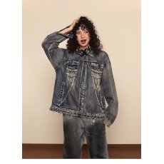 批发复古水洗毛边垫肩牛仔外套男女做旧<b class='q'>街头</b>宽松cityboy夹克上衣潮牌