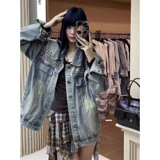批发VASSE 伦敦<b class='q'>街头</b>复古做旧蓝水洗磨破显瘦宽松美式牛仔外套休闲夹克