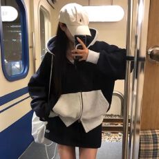 批发韩国chic秋季美式复古双拉链撞色<b class='q'>宽松</b>休闲百搭长袖连帽卫衣外套女