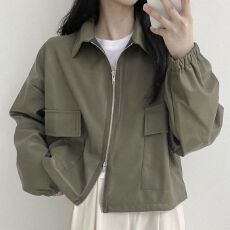 批发韩国chic夏季复古港风立领拉链设计<b class='q'>宽松</b>休闲百搭长袖短款外套女