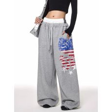 批发双腰围美式街头做旧<b class='q'>印花</b>拼接卫裤男女宽松休闲阔腿爵士舞长裤