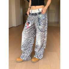 批发3D豹纹】双腰头腰带链条挂件<b class='q'>印花</b>豹纹裤男女宽松休闲直筒阔腿长裤