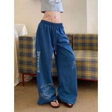 批发纯棉华棉美式复古做旧<b class='q'>印花</b>运动卫裤女街头宽松垂感休闲阔腿裤子