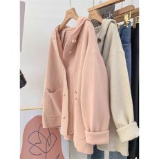 批发早秋粉色外套开衫毛衣上衣<b class='q'>女</b>外搭宽松显瘦温柔风软糯甜美连帽大衣