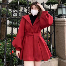 批发小个子连帽斗篷毛呢外套<b class='q'>女</b>秋冬新款设计感收腰绑带中长款呢子大衣