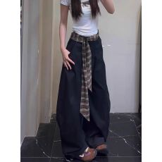 批发美式黑色格纹绑带弯刀<b class='q'>阔腿裤</b>女2025新款宽松显瘦直筒拖地<b class='q'>裤</b>子