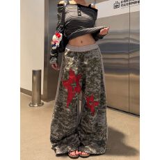 批发美式街头迷彩休闲裤女2025秋季星星<b class='q'>印花</b>阔腿裤子bf宽松拖地长裤