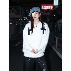 批发重磅痞帅十字花毛绒绒连帽毛衣外套男女情侣装秋冬潮牌宽松<b class='q'>针织衫</b>