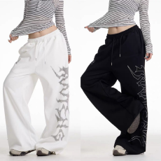 批发纯棉华棉复合牛奶丝原版烫钻卫裤潮风宽松阔腿运动裤子街舞裤