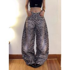 批发复古 高街先水洗做旧豹纹休闲弯刀裤男女百搭宽松阔腿拖地长裤子