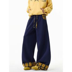 批发复古撞色格子卷边休闲卫裤女秋季宽松bf慵懒风垂感显瘦百搭阔腿裤