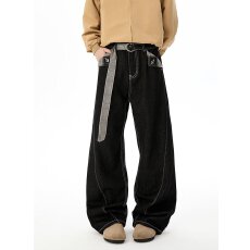 日系文艺千鸟格原牛弯刀微喇牛仔裤男女cleanfit休闲高街潮流长裤