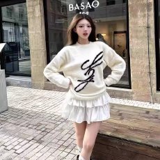 批发美式宽松手写提花毛绒上衣设计感软糯慵懒风貂绒圆领针织衫