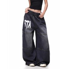 批发松紧腰】星星新风格字母印花阔腿牛仔裤<b class='q'>男</b>女宽松休闲水洗做旧<b class='q'>长裤</b>