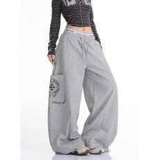 批发【纯棉复牛奶丝】<b class='q'>印花</b>新视觉休闲卫裤女2025秋新款宽松显瘦阔腿裤