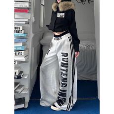 批发好质量  字母<b class='q'>印花</b>条纹卫裤女秋季宽松休闲运动阔腿长裤