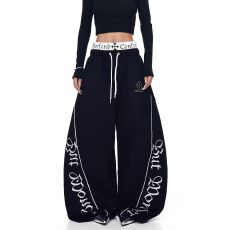 批发塔丝隆复四面弹】字母新视觉双腰头弯刀卫裤<b class='q'>男</b>女设计感工装阔腿裤