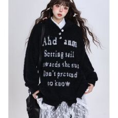 批发【5公分长貂绒】破洞魔方连帽针织衫男女宽松休闲字母毛衣<b class='q'>外套</b>