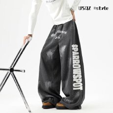 批发美式复古渐变做旧字母阔腿弯刀卫裤<b class='q'>男</b>女宽松休闲拖地长裤