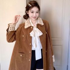 批发原版有内里 复古<b class='q'>蕾丝</b>棕色外套女秋冬季美拉德翻领工装小香风上衣