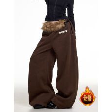 批发毛领可拆立体口袋带拉链加绒加绒<b class='q'>男</b>女秋冬宽松休闲裤阔腿长裤