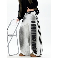 批发美式高街脏脏做旧字母废土风卫裤男冬季<b class='q'>设计</b>感弯刀阔腿休闲裤