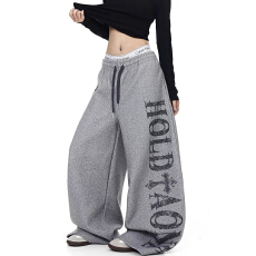 批发美式复古字母印花加厚毛呢弯刀裤<b class='q'>男</b>女爵士舞宽松阔腿裤