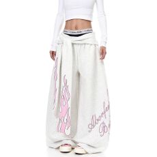 批发纯棉华棉复合牛奶丝320克足#火焰印花绑带宽松阔腿裤<b class='q'>设计</b>休闲裤女