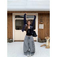 批发美式字母<b class='q'>印花</b>加厚毛呢休闲裤女2025宽松阔腿长裤子