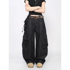 批发美式新概念高街高级感大口袋工装<b class='q'>牛仔</b>裤男女设计感宽松阔腿弯刀裤