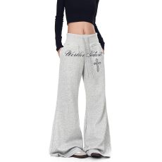 批发薄款纯棉华棉复合牛奶丝】印花高腰微喇卫裤女<b class='q'>春</b>秋修身显瘦休闲裤