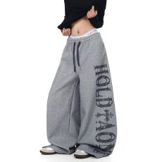 批发BLACKLISTS美式复古字母印花灰色毛呢弯刀裤<b class='q'>男</b>女冬加厚宽松阔腿裤
