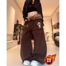 批发毛领可拆立体口袋带拉链加绒加绒<b class='q'>男</b>女秋冬宽松休闲裤阔腿长裤