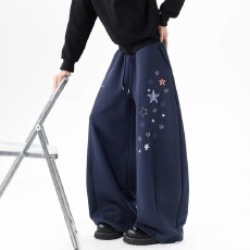 批发灰色星星刺绣弯刀卫裤女<b class='q'>男</b>冬季潮牌嘻哈街舞运动裤宽松阔腿休闲裤