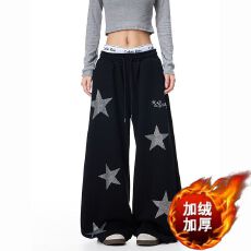 批发纯棉复贝贝绒+烫钻】卫裤<b class='q'>女</b>阔腿宽松显瘦加绒高腰百搭直筒休闲裤