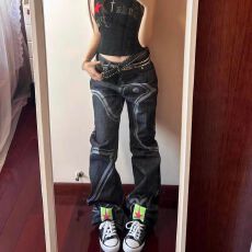 批发美式新概念复古水洗工装牛仔裤男女秋拼接设计感小众痞帅<b class='q'>小脚裤</b>子