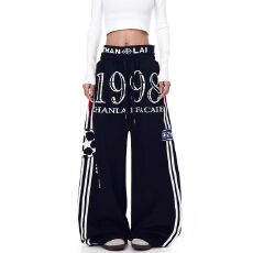 批发春秋美式街舞运动风<b class='q'>休闲裤</b><b class='q'>男</b>女宽松直筒双腰头拼接条纹阔腿长裤