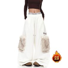 批发纯棉复绒美式复古毛绒大口袋褶皱工装裤<b class='q'>男</b>女设计感宽松阔腿裤潮