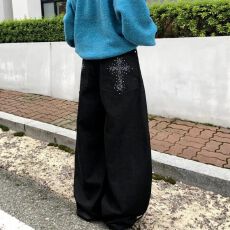 批发牛仔裤】欧美巴鲁米牛仔裤女男帅气潮流星星工装宽松直筒长裤情侣