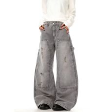 批发美式复古解构廓形做旧弯刀工装牛仔裤男女春<b class='q'>秋</b>宽松脏染伐木裤子