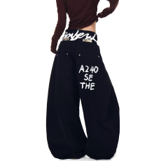 批发美式雀斑辣妹双腰头拼接牛仔裤女潮牌宽松百搭阔腿弯刀拖地长裤子