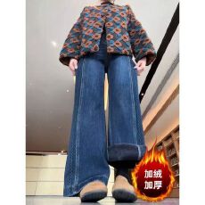批发【 加绒牛仔裤】做旧太牛微喇女高腰显瘦弹力阔腿喇叭裤拖地长裤