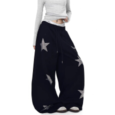 批发美式复古星星烫钻阔腿卫裤<b class='q'>女</b>春秋新款宽松慵懒显瘦百搭直筒